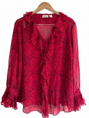 Vintage Chico's 100% Silk Red Ruffle-Front Sheer Blouse Size 3 (XL, US 16)